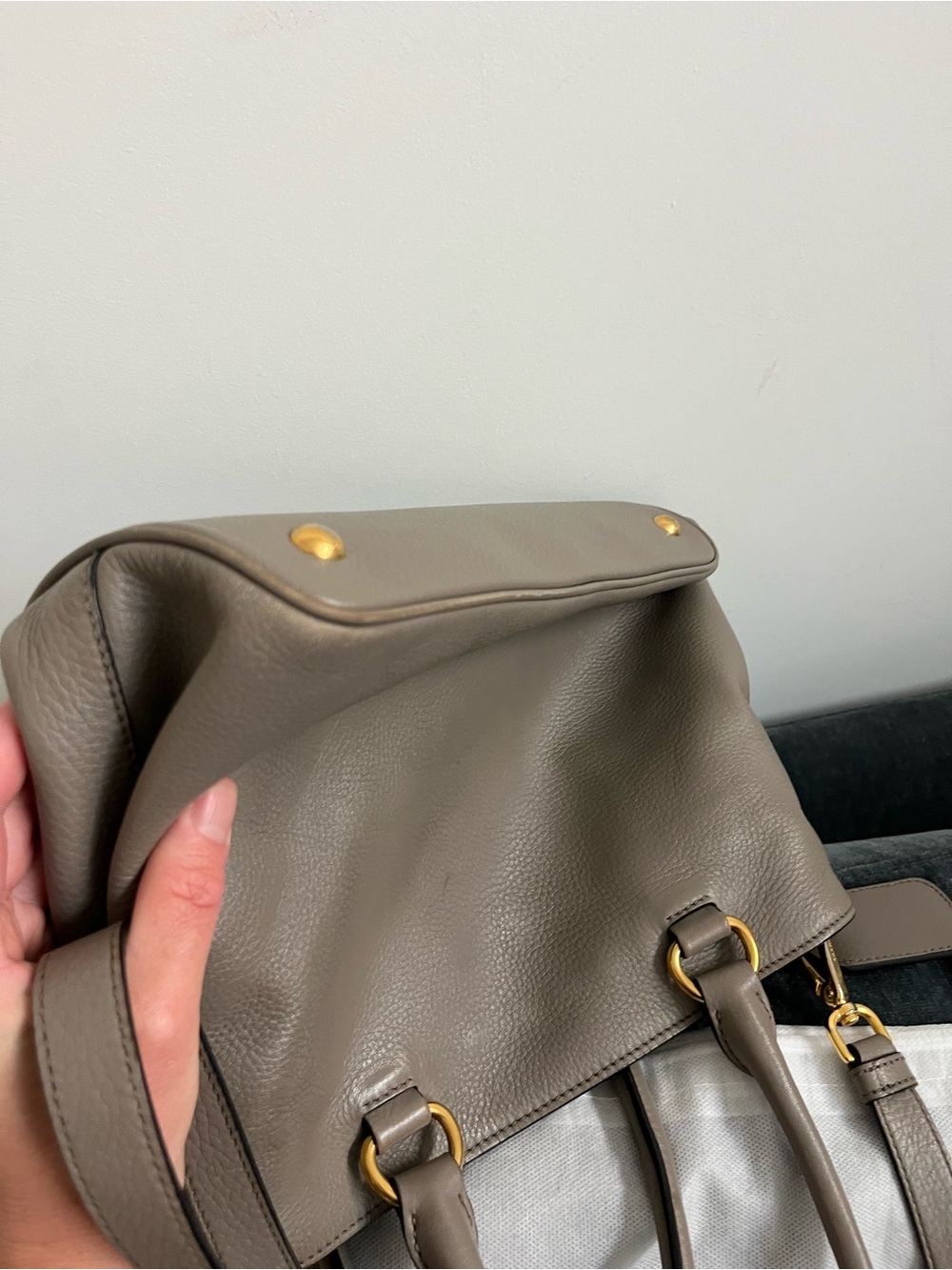 100% AUTH Prada Taupe Pebbled Leather Satchel with Gold Hardware - Picture 14 of 14